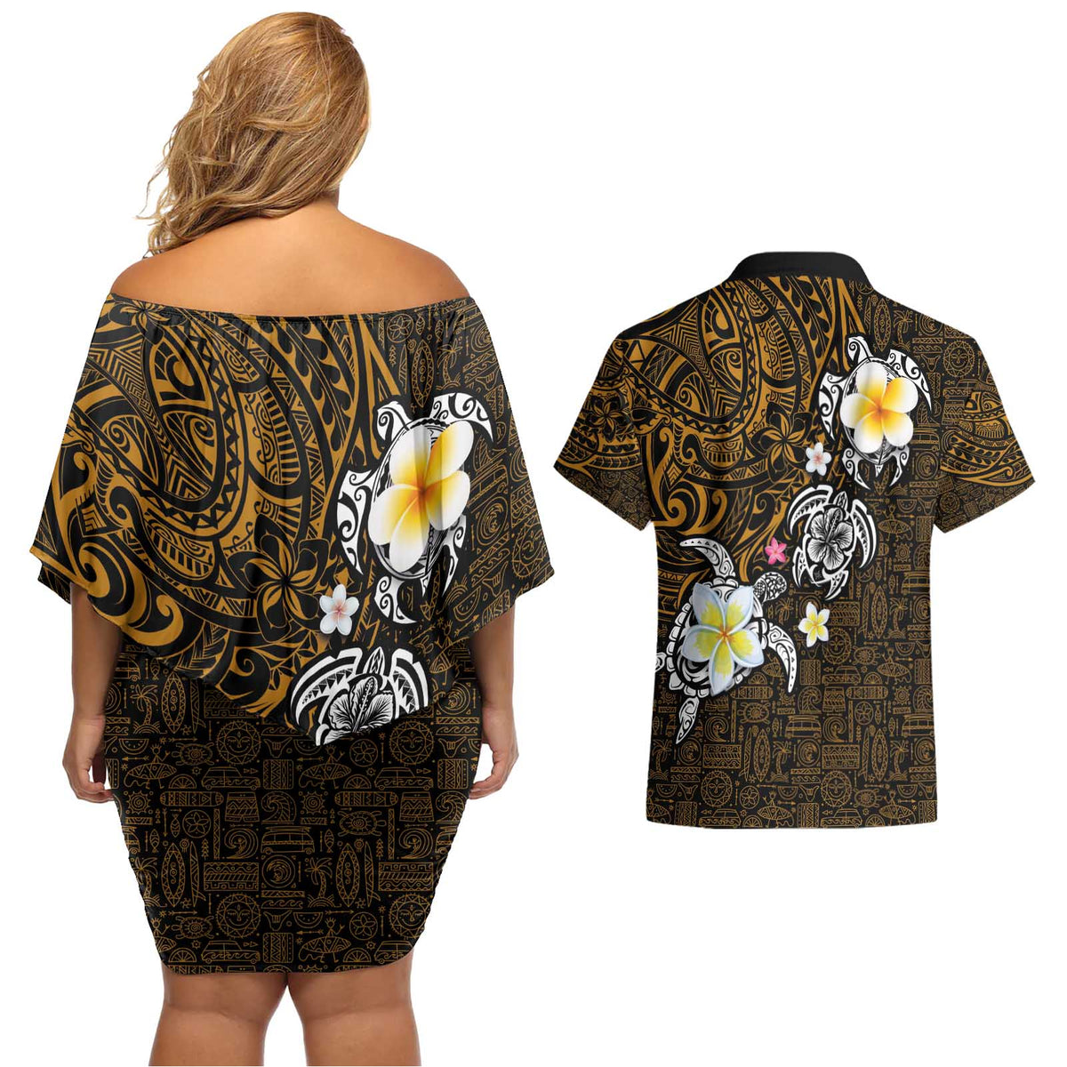 Hawaiian Turtle and Plumeria Couples Matching Off Shoulder Short Dress and Hawaiian Shirt Polynesian Tattoo and Tribal Elements Pattern Orange Color LT03 - Polynesian Pride