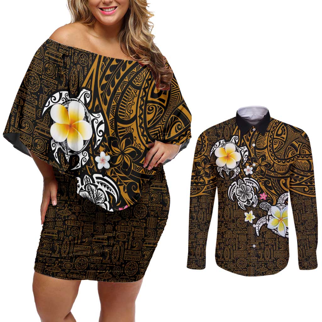 Hawaiian Turtle and Plumeria Couples Matching Off Shoulder Short Dress and Long Sleeve Button Shirt Polynesian Tattoo and Tribal Elements Pattern Orange Color LT03 Orange - Polynesian Pride