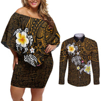 Hawaiian Turtle and Plumeria Couples Matching Off Shoulder Short Dress and Long Sleeve Button Shirt Polynesian Tattoo and Tribal Elements Pattern Orange Color LT03 Orange - Polynesian Pride