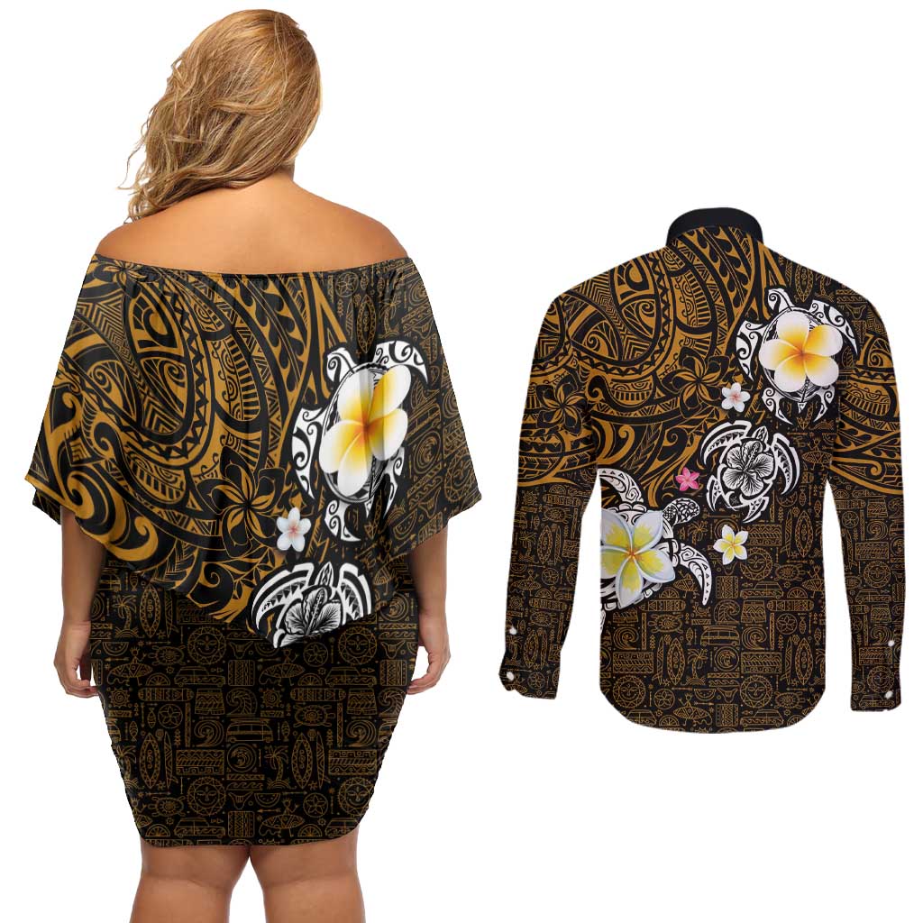 Hawaiian Turtle and Plumeria Couples Matching Off Shoulder Short Dress and Long Sleeve Button Shirt Polynesian Tattoo and Tribal Elements Pattern Orange Color LT03 - Polynesian Pride