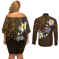 Hawaiian Turtle and Plumeria Couples Matching Off Shoulder Short Dress and Long Sleeve Button Shirt Polynesian Tattoo and Tribal Elements Pattern Orange Color LT03 - Polynesian Pride