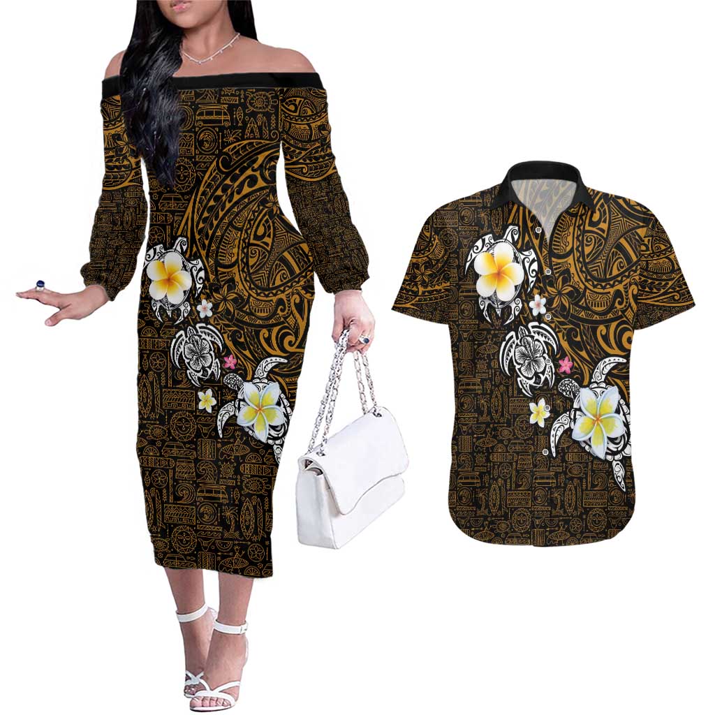 Hawaiian Turtle and Plumeria Couples Matching Off The Shoulder Long Sleeve Dress and Hawaiian Shirt Polynesian Tattoo and Tribal Elements Pattern Orange Color