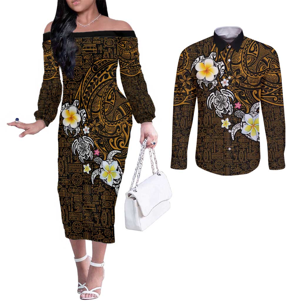Hawaiian Turtle and Plumeria Couples Matching Off The Shoulder Long Sleeve Dress and Long Sleeve Button Shirt Polynesian Tattoo and Tribal Elements Pattern Orange Color