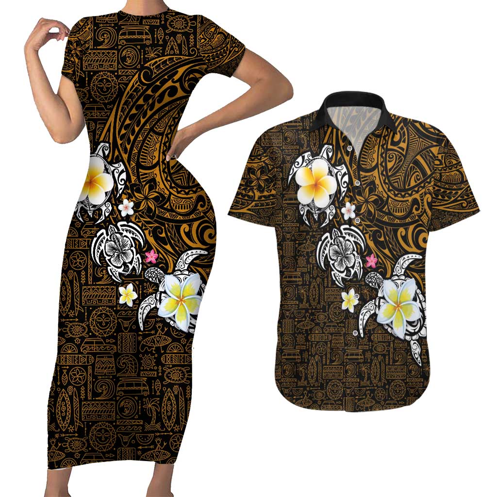 Hawaiian Turtle and Plumeria Couples Matching Short Sleeve Bodycon Dress and Hawaiian Shirt Polynesian Tattoo and Tribal Elements Pattern Orange Color LT03 Orange - Polynesian Pride