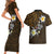 Hawaiian Turtle and Plumeria Couples Matching Short Sleeve Bodycon Dress and Hawaiian Shirt Polynesian Tattoo and Tribal Elements Pattern Orange Color