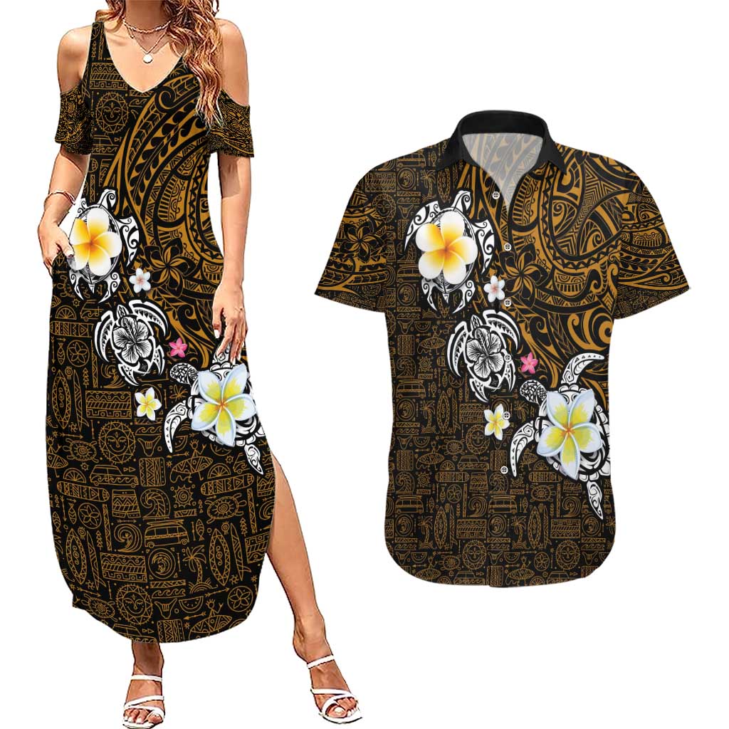 Hawaiian Turtle and Plumeria Couples Matching Summer Maxi Dress and Hawaiian Shirt Polynesian Tattoo and Tribal Elements Pattern Orange Color LT03 Orange - Polynesian Pride
