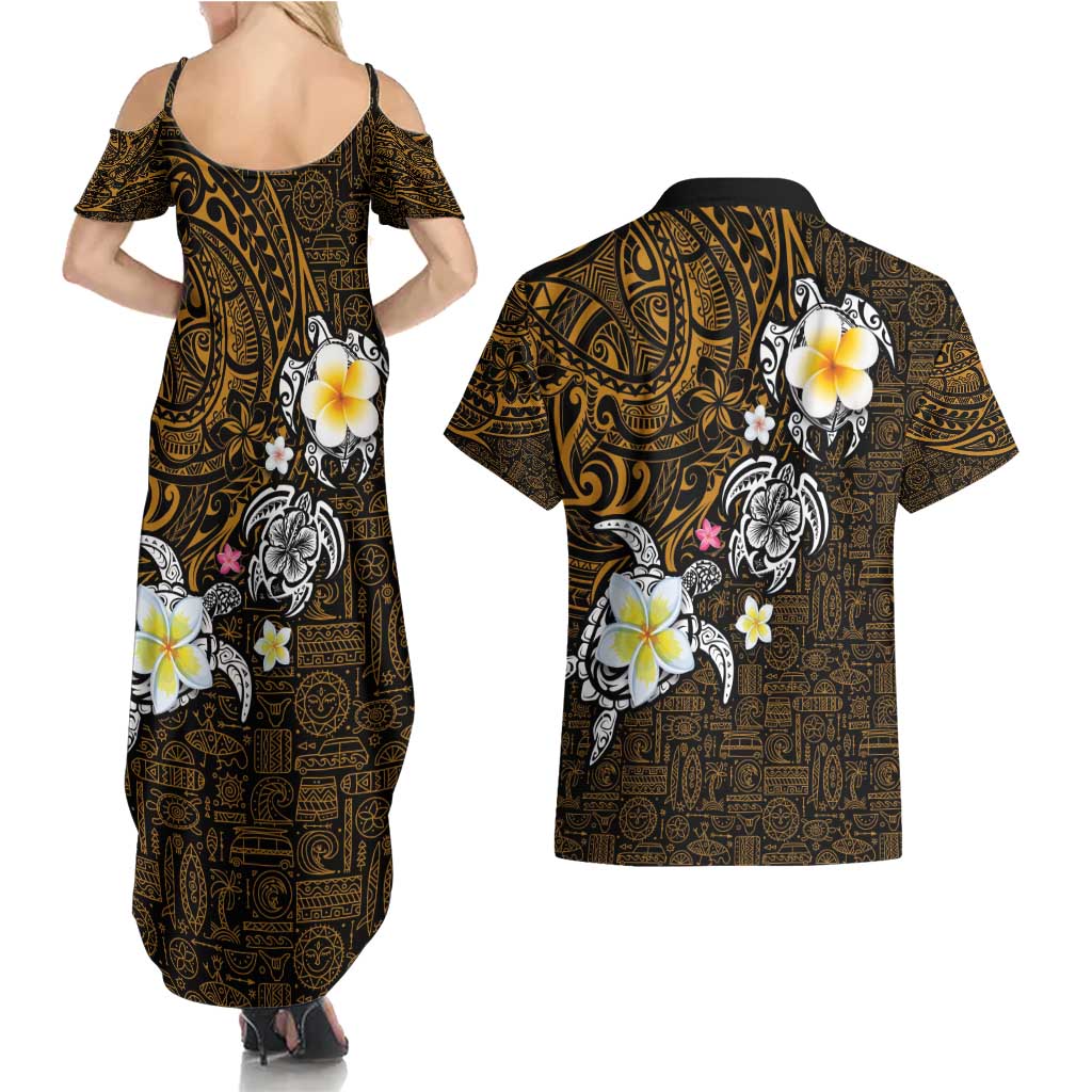 Hawaiian Turtle and Plumeria Couples Matching Summer Maxi Dress and Hawaiian Shirt Polynesian Tattoo and Tribal Elements Pattern Orange Color LT03 - Polynesian Pride