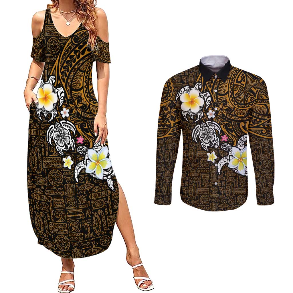 Hawaiian Turtle and Plumeria Couples Matching Summer Maxi Dress and Long Sleeve Button Shirt Polynesian Tattoo and Tribal Elements Pattern Orange Color