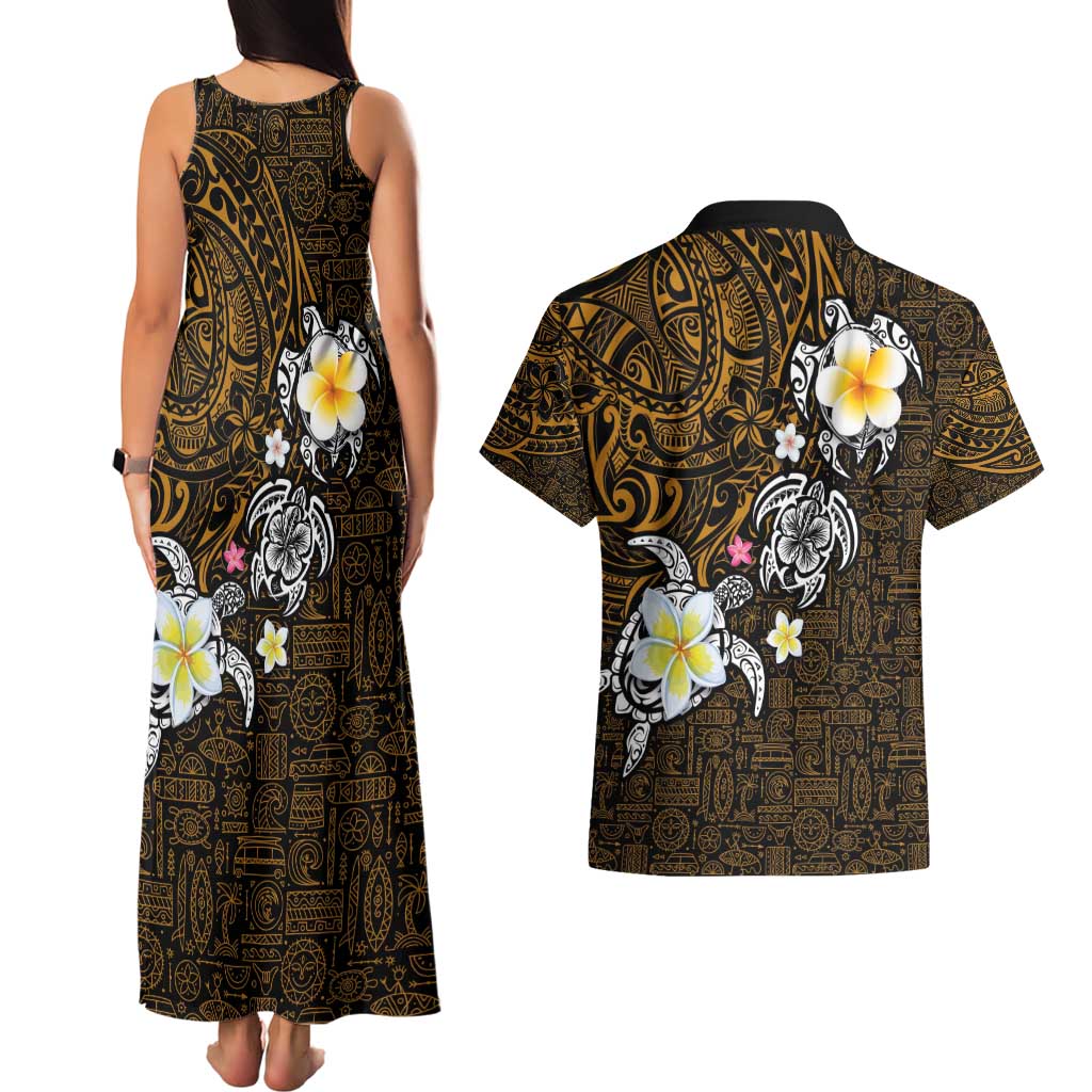 Hawaiian Turtle and Plumeria Couples Matching Tank Maxi Dress and Hawaiian Shirt Polynesian Tattoo and Tribal Elements Pattern Orange Color LT03 - Polynesian Pride