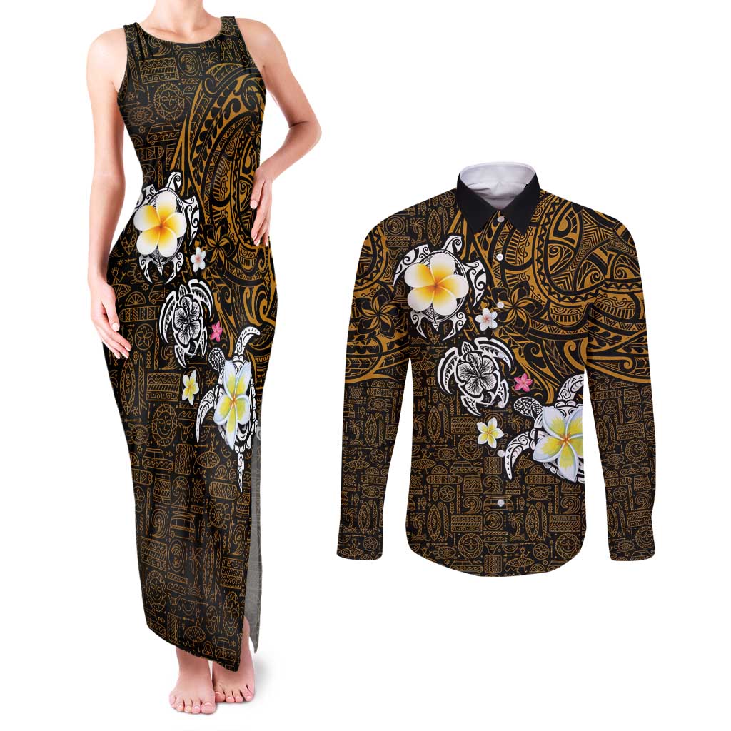 Hawaiian Turtle and Plumeria Couples Matching Tank Maxi Dress and Long Sleeve Button Shirt Polynesian Tattoo and Tribal Elements Pattern Orange Color LT03 Orange - Polynesian Pride