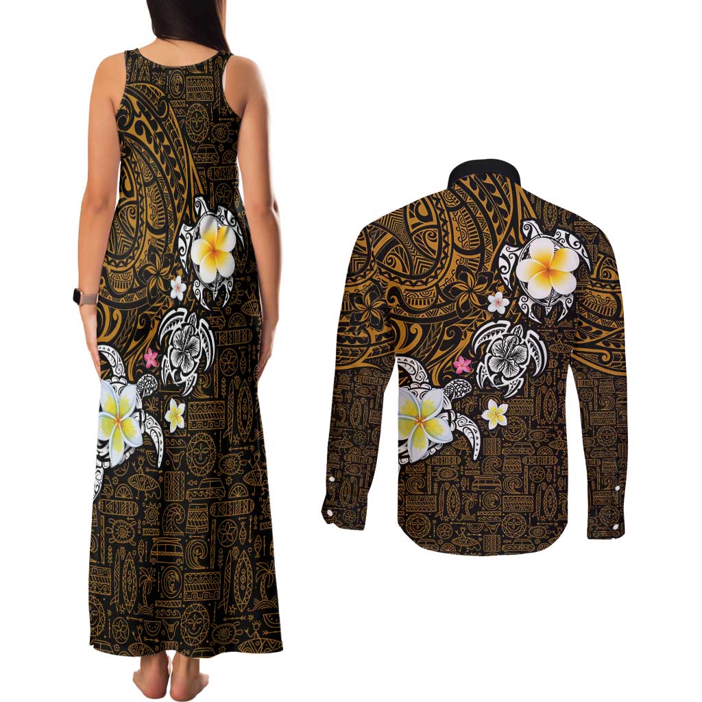 Hawaiian Turtle and Plumeria Couples Matching Tank Maxi Dress and Long Sleeve Button Shirt Polynesian Tattoo and Tribal Elements Pattern Orange Color LT03 - Polynesian Pride