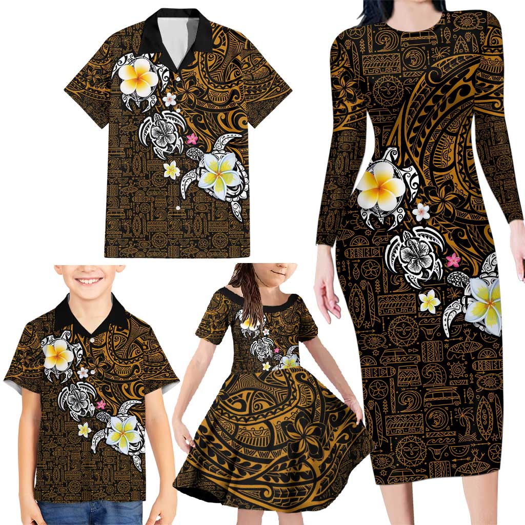 Hawaiian Turtle and Plumeria Family Matching Long Sleeve Bodycon Dress and Hawaiian Shirt Polynesian Tattoo and Tribal Elements Pattern Orange Color