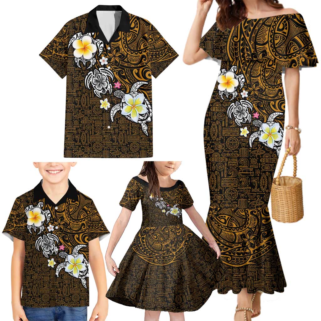 Hawaiian Turtle and Plumeria Family Matching Mermaid Dress and Hawaiian Shirt Polynesian Tattoo and Tribal Elements Pattern Orange Color
