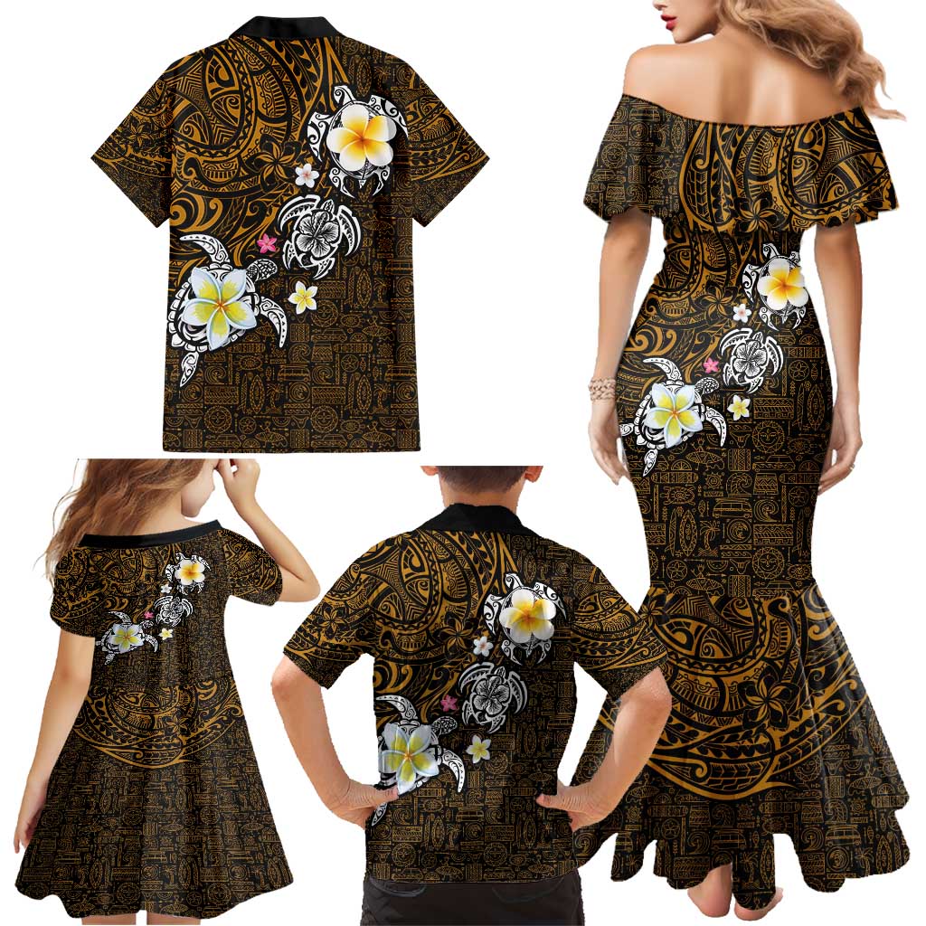 Hawaiian Turtle and Plumeria Family Matching Mermaid Dress and Hawaiian Shirt Polynesian Tattoo and Tribal Elements Pattern Orange Color