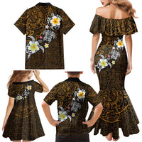 Hawaiian Turtle and Plumeria Family Matching Mermaid Dress and Hawaiian Shirt Polynesian Tattoo and Tribal Elements Pattern Orange Color