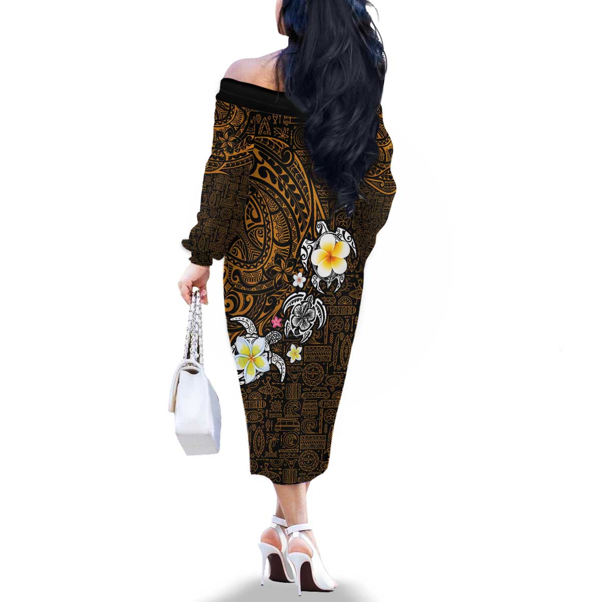 Hawaiian Turtle and Plumeria Family Matching Off The Shoulder Long Sleeve Dress and Hawaiian Shirt Polynesian Tattoo and Tribal Elements Pattern Orange Color