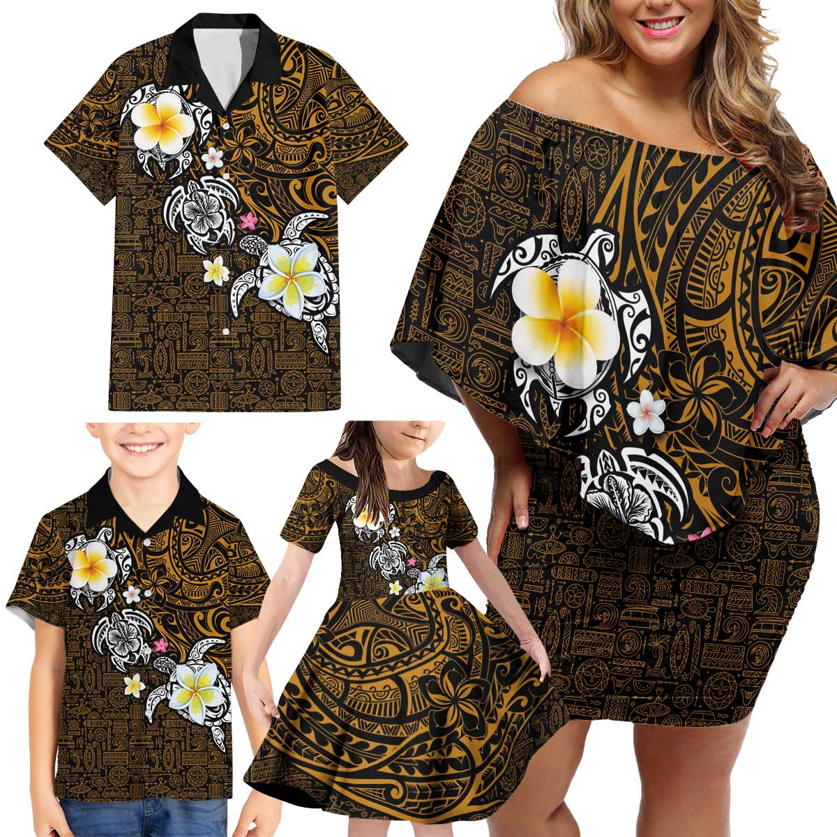 Hawaiian Turtle and Plumeria Family Matching Off Shoulder Short Dress and Hawaiian Shirt Polynesian Tattoo and Tribal Elements Pattern Orange Color