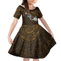 Hawaiian Turtle and Plumeria Family Matching Short Sleeve Bodycon Dress and Hawaiian Shirt Polynesian Tattoo and Tribal Elements Pattern Orange Color