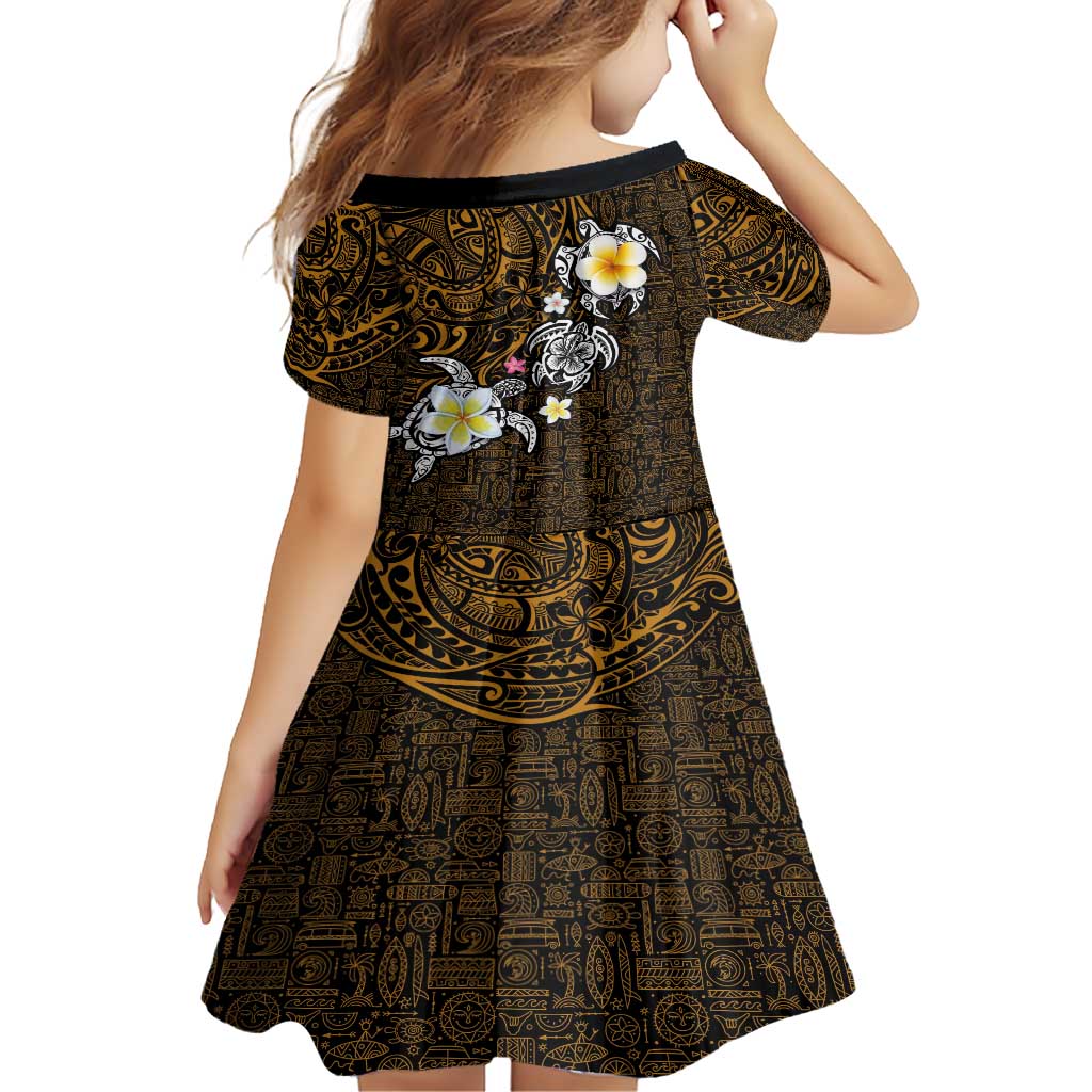 Hawaiian Turtle and Plumeria Family Matching Short Sleeve Bodycon Dress and Hawaiian Shirt Polynesian Tattoo and Tribal Elements Pattern Orange Color