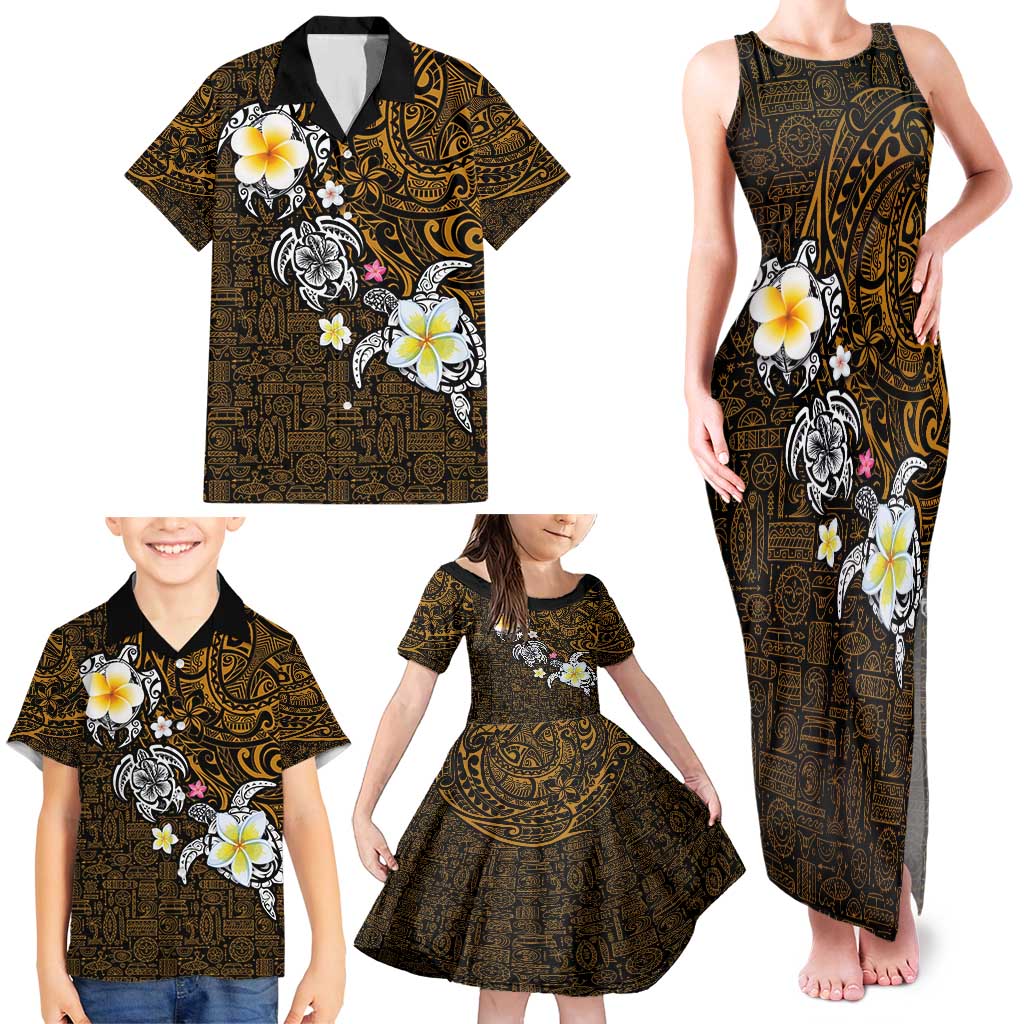 Hawaiian Turtle and Plumeria Family Matching Tank Maxi Dress and Hawaiian Shirt Polynesian Tattoo and Tribal Elements Pattern Orange Color LT03 - Polynesian Pride