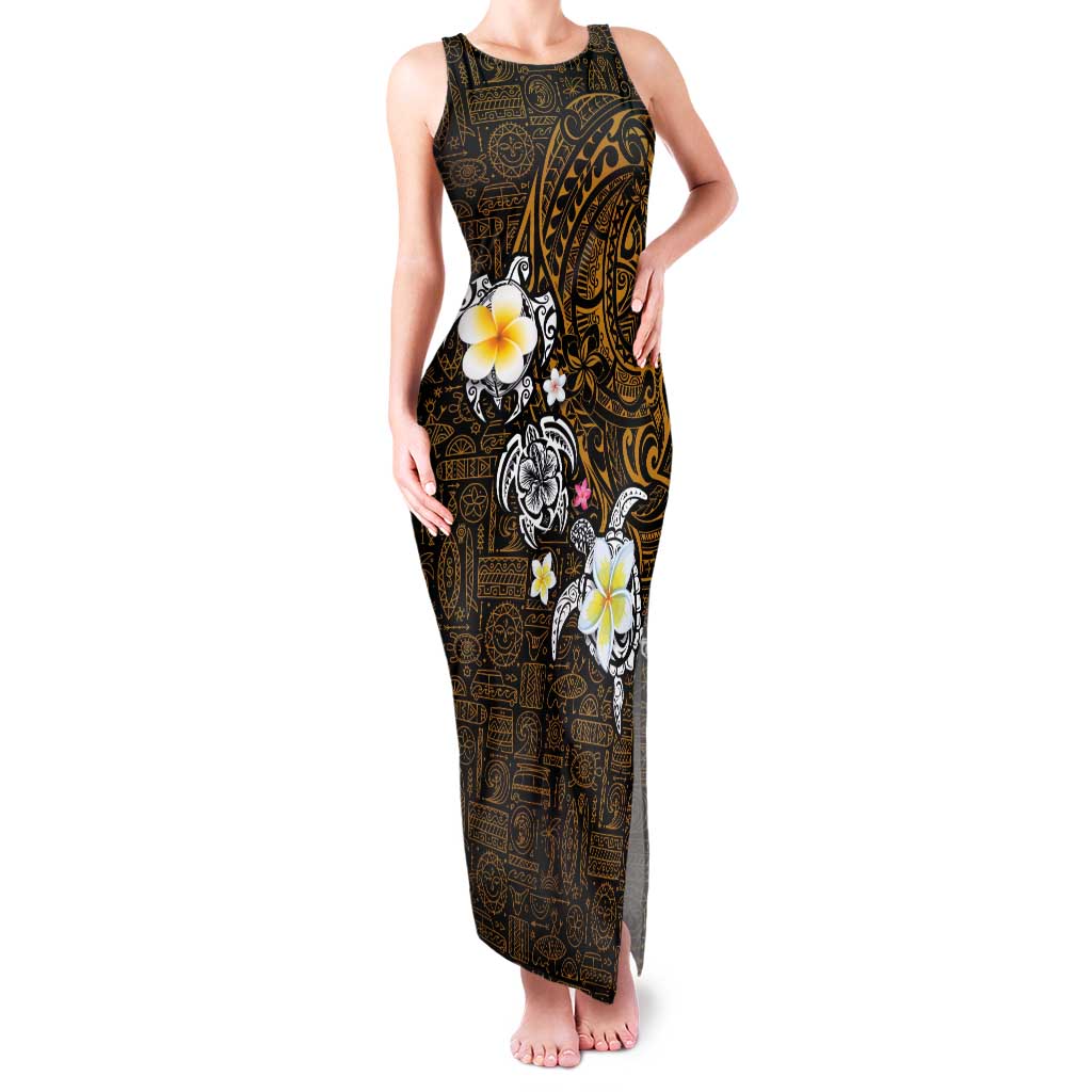 Hawaiian Turtle and Plumeria Family Matching Tank Maxi Dress and Hawaiian Shirt Polynesian Tattoo and Tribal Elements Pattern Orange Color