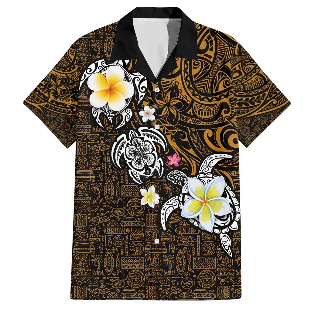 Hawaiian Turtle and Plumeria Hawaiian Shirt Polynesian Tattoo and Tribal Elements Pattern Orange Color