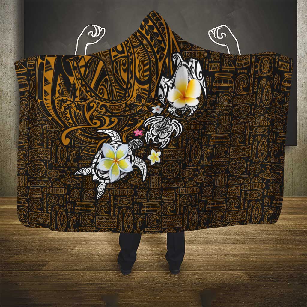 Hawaiian Turtle and Plumeria Hooded Blanket Polynesian Tattoo and Tribal Elements Pattern Orange Color LT03 - Polynesian Pride