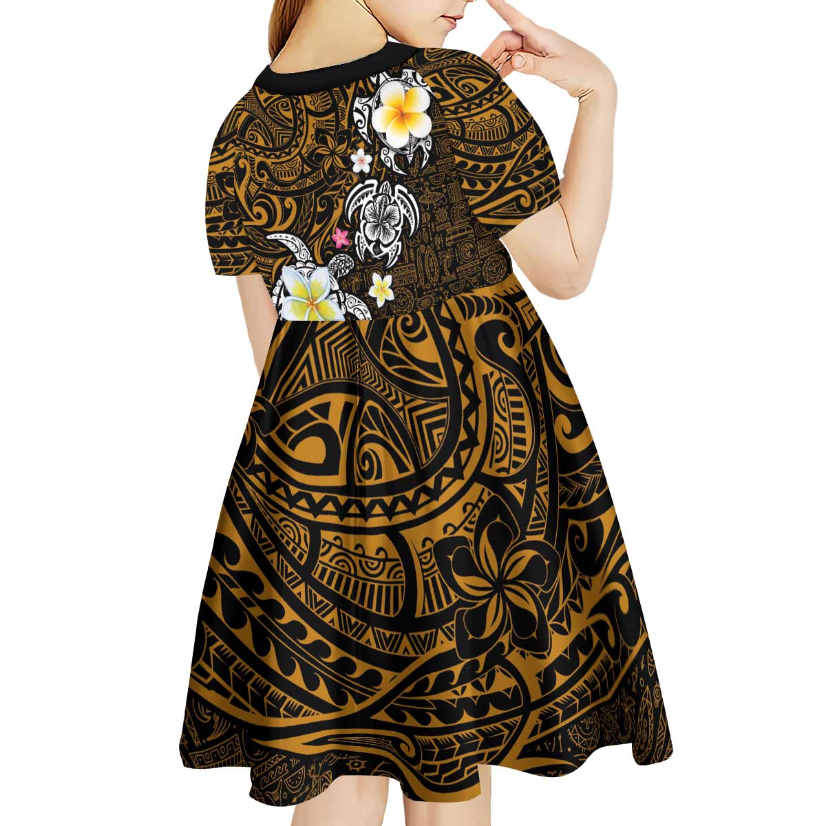 Hawaiian Turtle and Plumeria Kid Short Sleeve Dress Polynesian Tattoo and Tribal Elements Pattern Orange Color