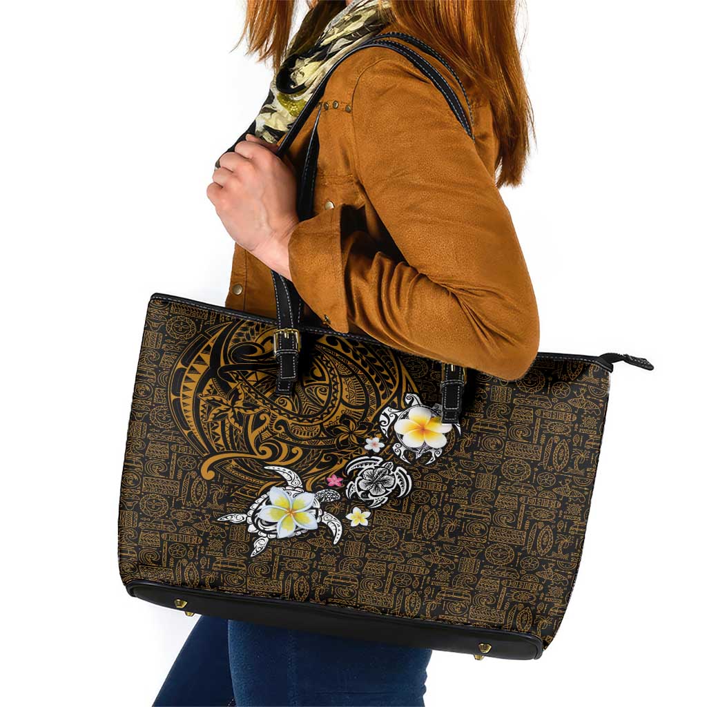 Hawaiian Turtle and Plumeria Leather Tote Bag Polynesian Tattoo and Tribal Elements Pattern Orange Color LT03 Orange - Polynesian Pride
