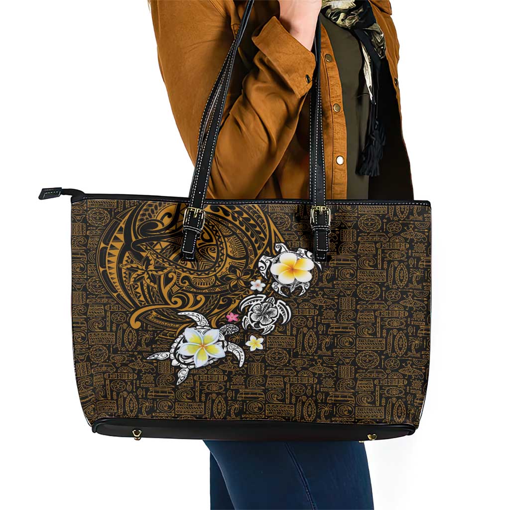 Hawaiian Turtle and Plumeria Leather Tote Bag Polynesian Tattoo and Tribal Elements Pattern Orange Color LT03 - Polynesian Pride