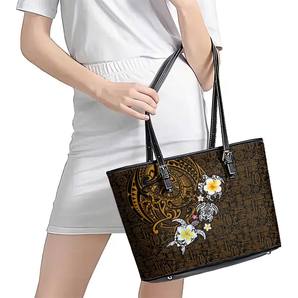 Hawaiian Turtle and Plumeria Leather Tote Bag Polynesian Tattoo and Tribal Elements Pattern Orange Color LT03 - Polynesian Pride
