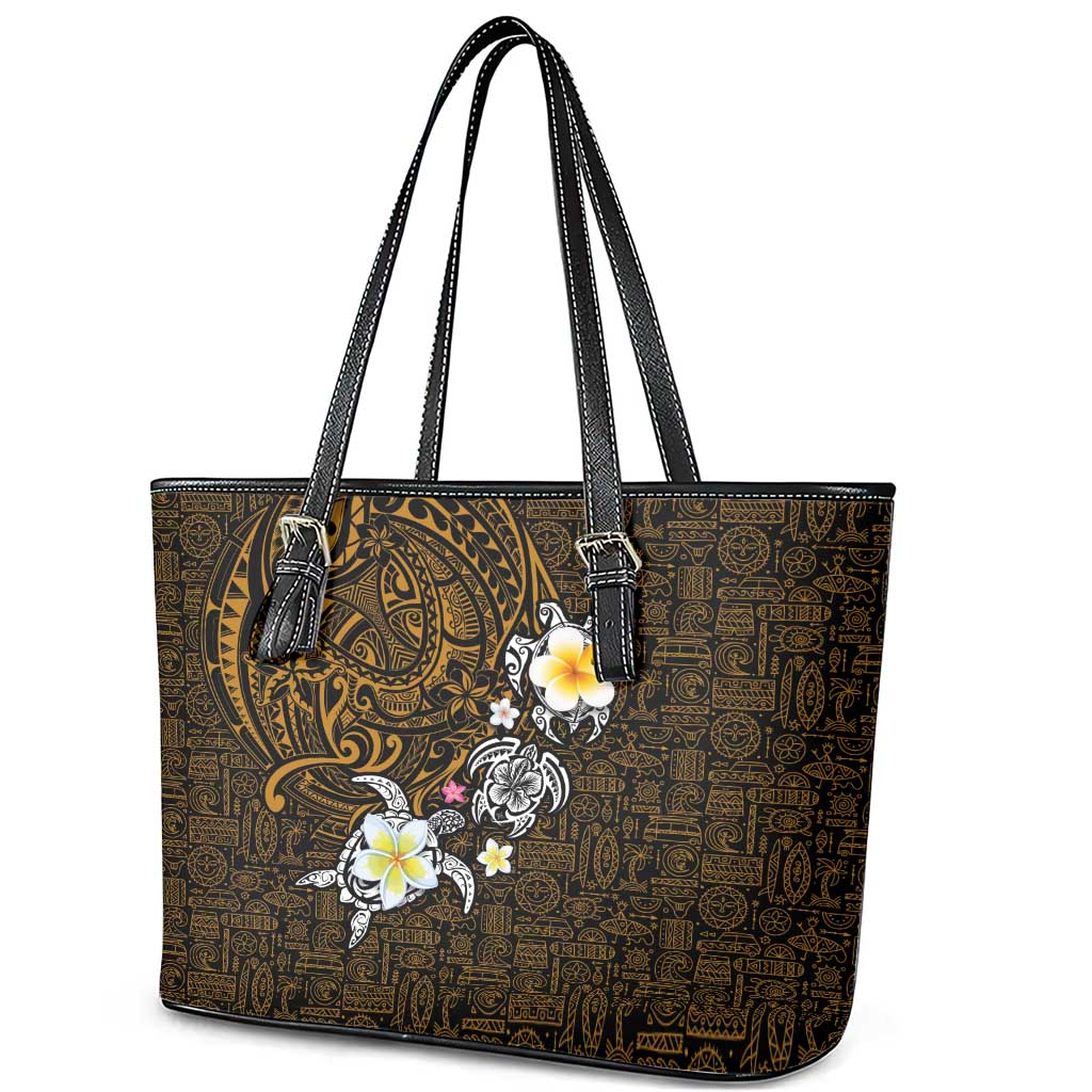 Hawaiian Turtle and Plumeria Leather Tote Bag Polynesian Tattoo and Tribal Elements Pattern Orange Color LT03 - Polynesian Pride