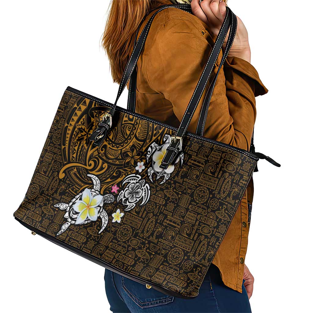 Hawaiian Turtle and Plumeria Leather Tote Bag Polynesian Tattoo and Tribal Elements Pattern Orange Color LT03 - Polynesian Pride