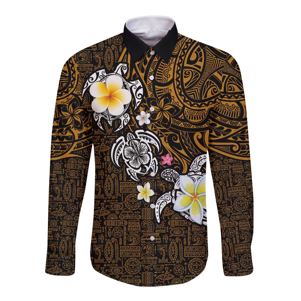 Hawaiian Turtle and Plumeria Long Sleeve Button Shirt Polynesian Tattoo and Tribal Elements Pattern Orange Color