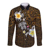 Hawaiian Turtle and Plumeria Long Sleeve Button Shirt Polynesian Tattoo and Tribal Elements Pattern Orange Color
