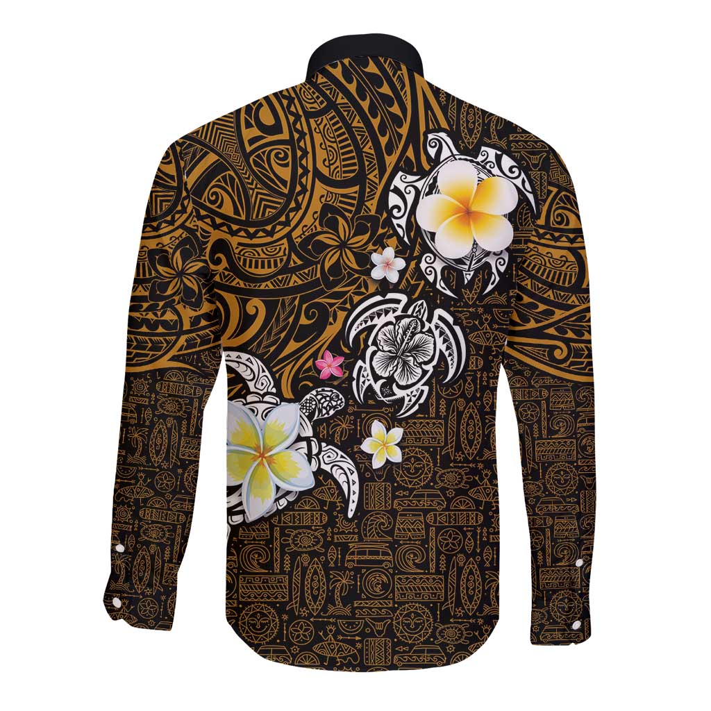 Hawaiian Turtle and Plumeria Long Sleeve Button Shirt Polynesian Tattoo and Tribal Elements Pattern Orange Color