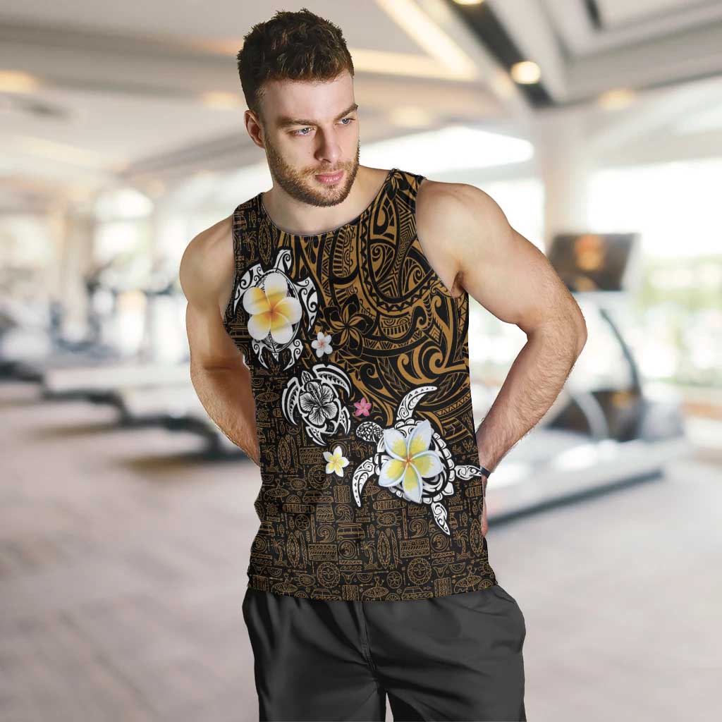 Hawaiian Turtle and Plumeria Men Tank Top Polynesian Tattoo and Tribal Elements Pattern Orange Color