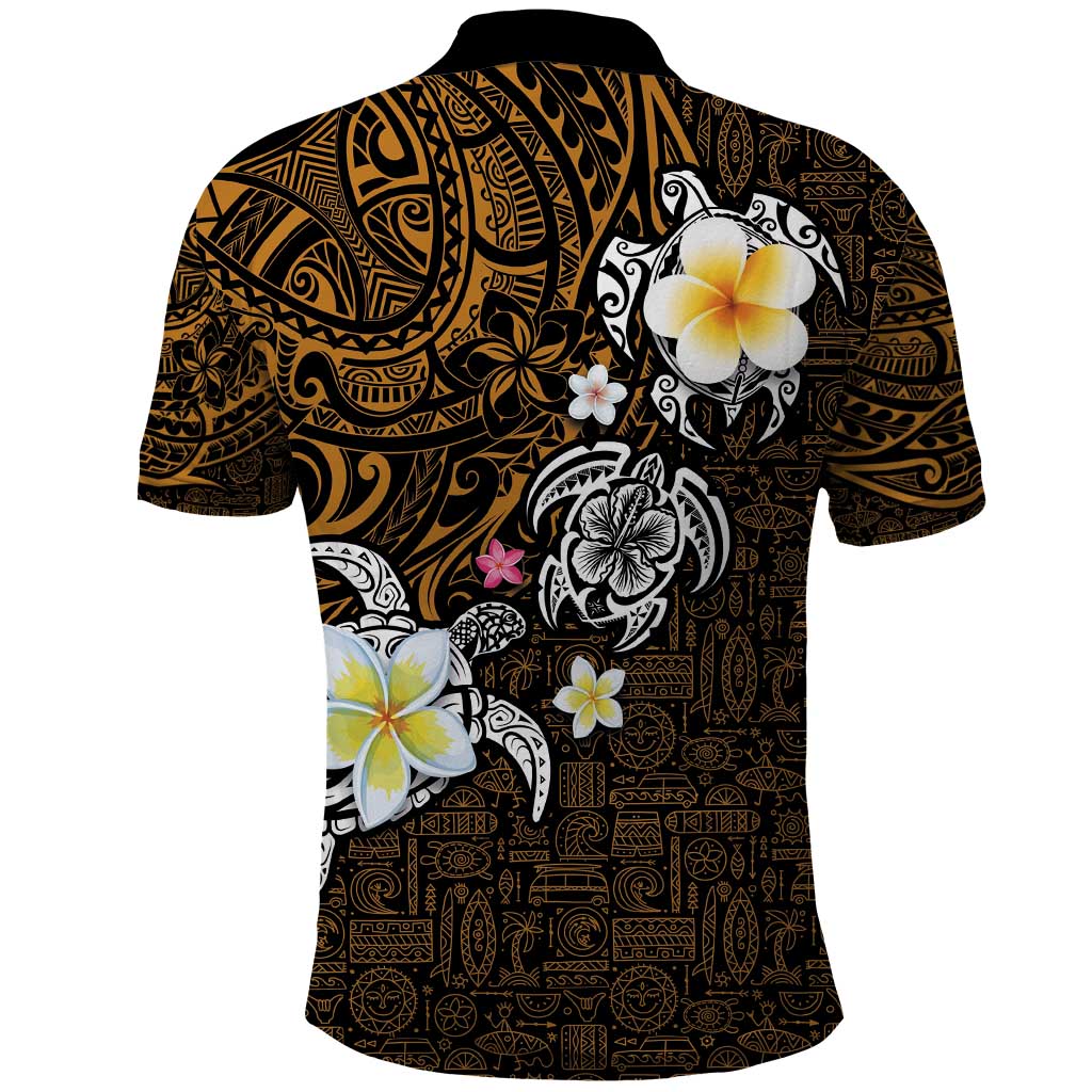 Hawaiian Turtle and Plumeria Polo Shirt Polynesian Tattoo and Tribal Elements Pattern Orange Color