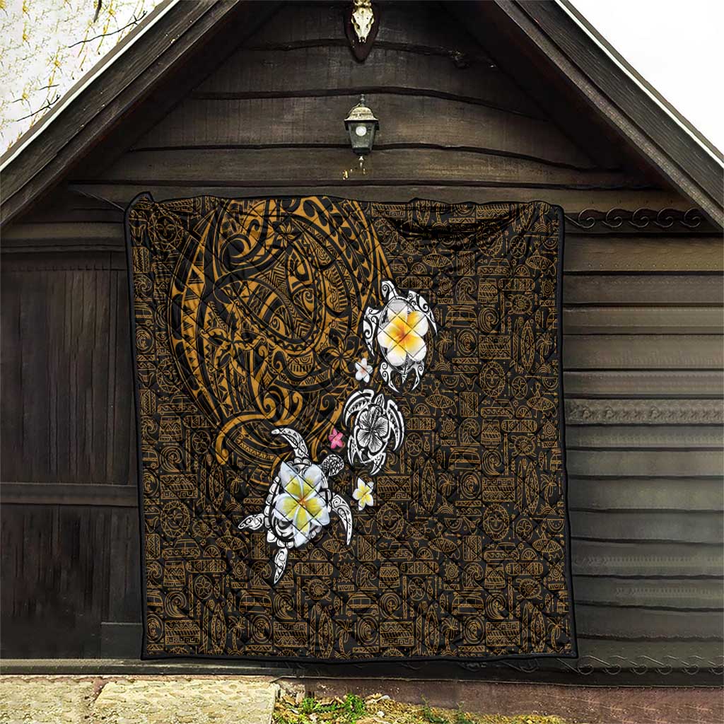 Hawaiian Turtle and Plumeria Quilt Polynesian Tattoo and Tribal Elements Pattern Orange Color