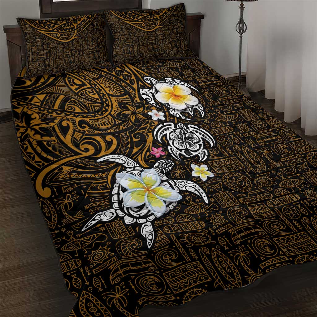 Hawaiian Turtle and Plumeria Quilt Bed Set Polynesian Tattoo and Tribal Elements Pattern Orange Color