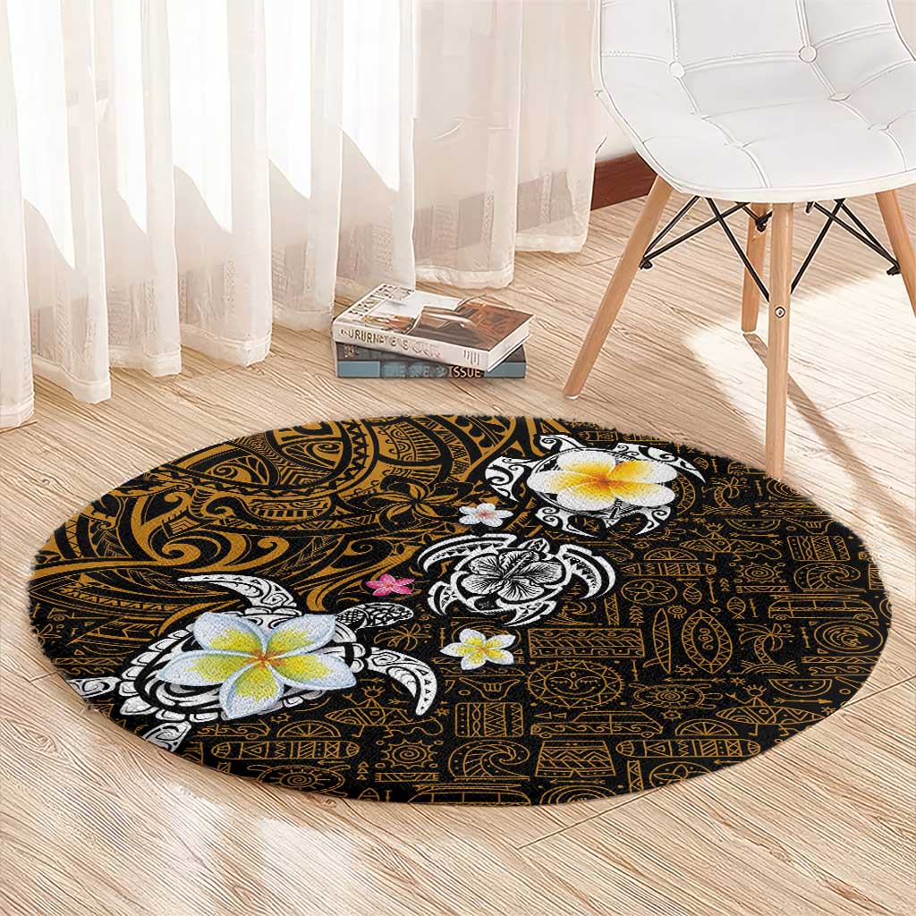 Hawaiian Turtle and Plumeria Round Carpet Polynesian Tattoo and Tribal Elements Pattern Orange Color