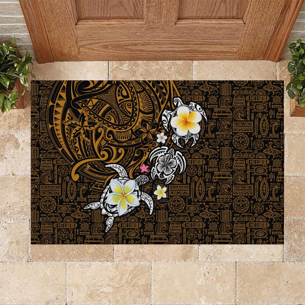 Hawaiian Turtle and Plumeria Rubber Doormat Polynesian Tattoo and Tribal Elements Pattern Orange Color