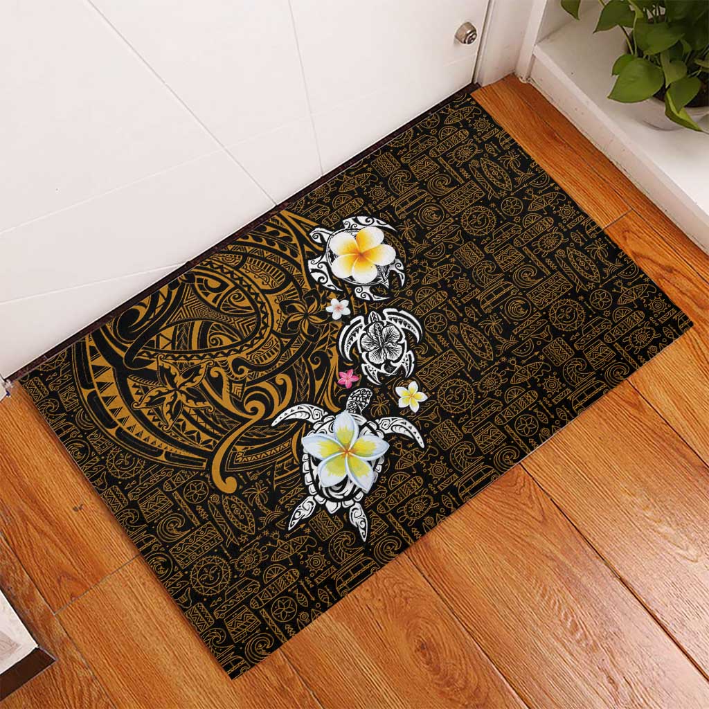 Hawaiian Turtle and Plumeria Rubber Doormat Polynesian Tattoo and Tribal Elements Pattern Orange Color