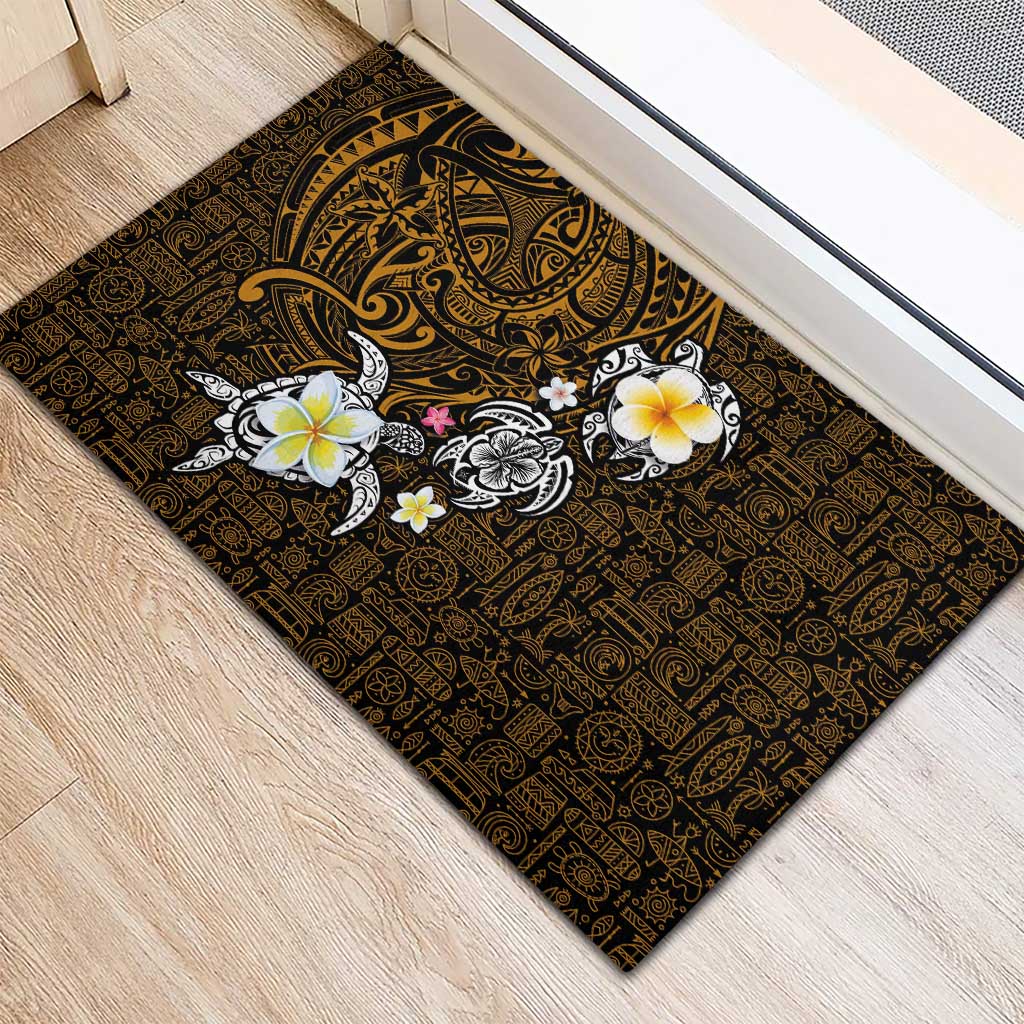 Hawaiian Turtle and Plumeria Rubber Doormat Polynesian Tattoo and Tribal Elements Pattern Orange Color