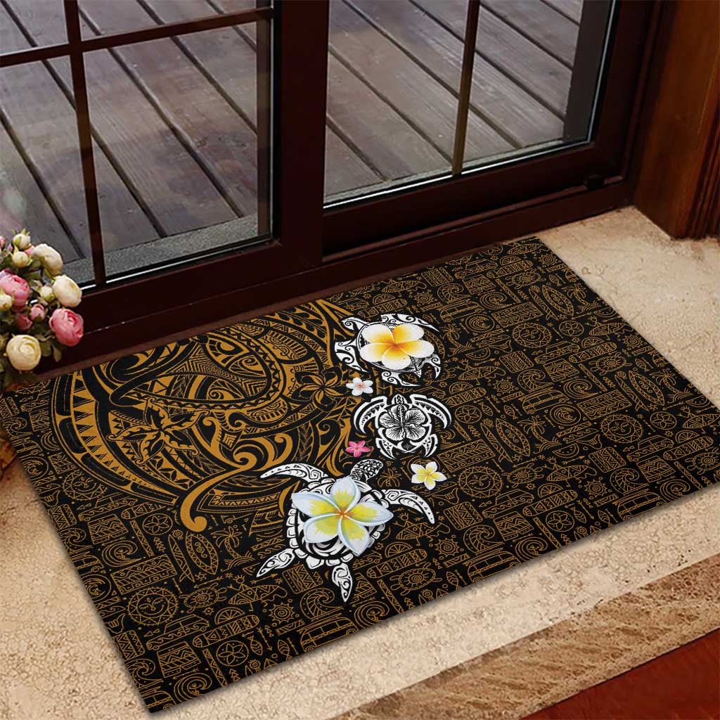 Hawaiian Turtle and Plumeria Rubber Doormat Polynesian Tattoo and Tribal Elements Pattern Orange Color