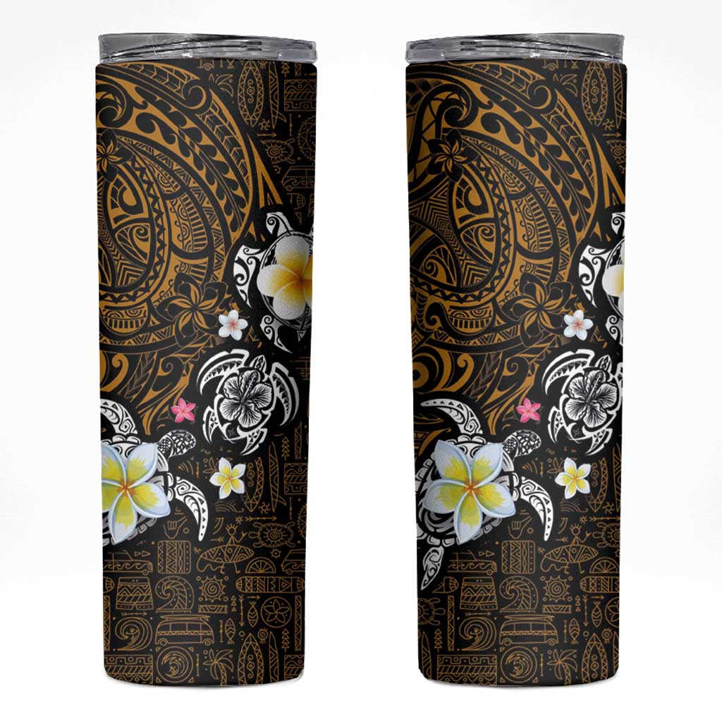 Hawaiian Turtle and Plumeria Skinny Tumbler Polynesian Tattoo and Tribal Elements Pattern Orange Color