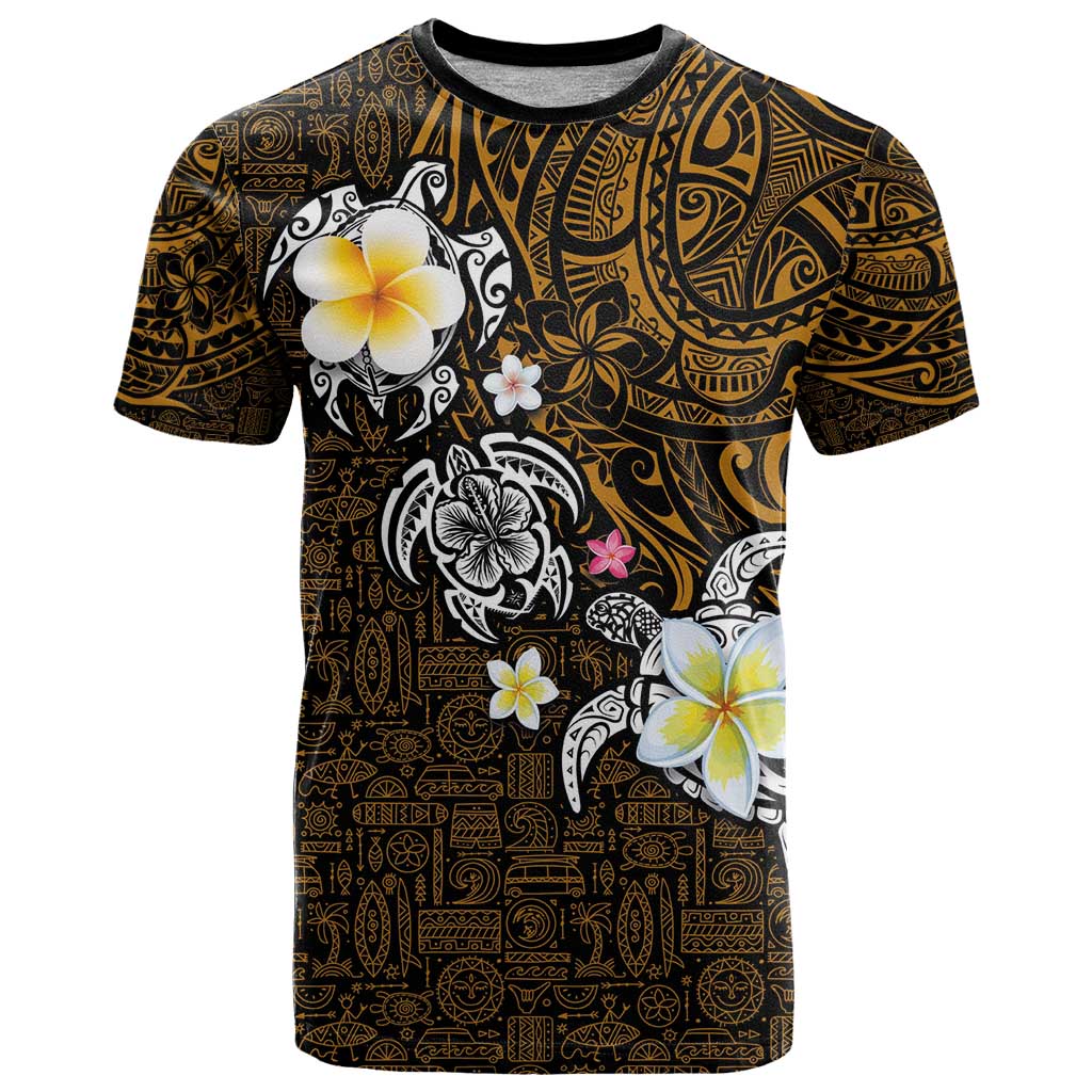 Hawaiian Turtle and Plumeria T Shirt Polynesian Tattoo and Tribal Elements Pattern Orange Color