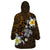 Hawaiian Turtle and Plumeria Wearable Blanket Hoodie Polynesian Tattoo and Tribal Elements Pattern Orange Color