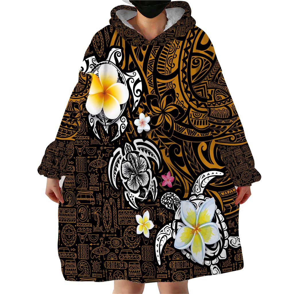 Hawaiian Turtle and Plumeria Wearable Blanket Hoodie Polynesian Tattoo and Tribal Elements Pattern Orange Color LT03 - Polynesian Pride