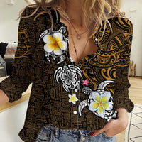 Hawaiian Turtle and Plumeria Women Casual Shirt Polynesian Tattoo and Tribal Elements Pattern Orange Color